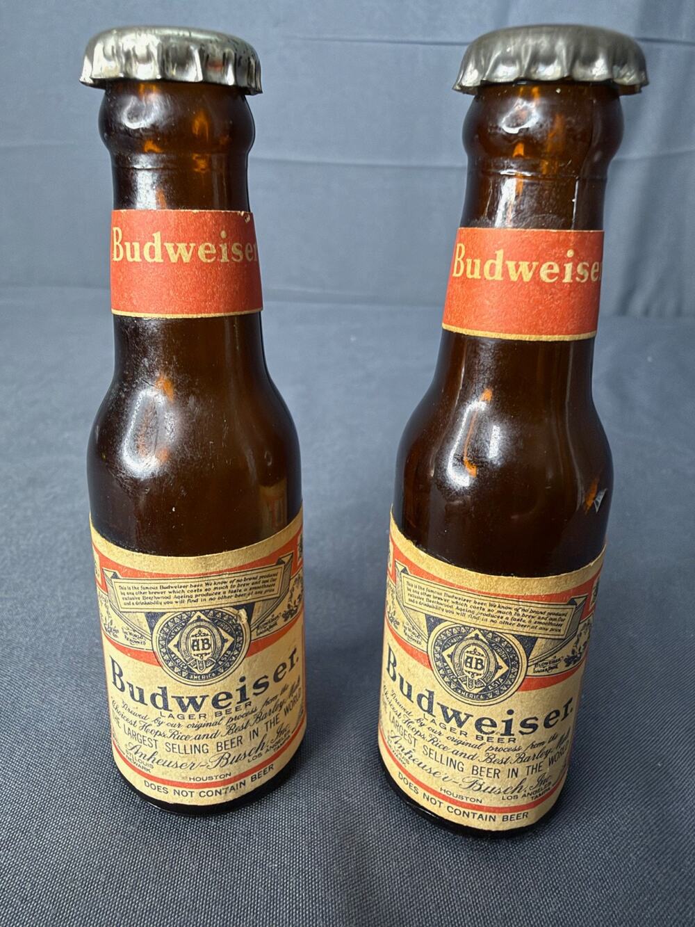 Vintage Budweiser Salt & Pepper Shaker Miniature Glass Bottles